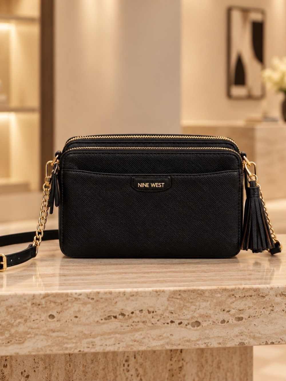 Nine West Black Leather Crossbody with Gold Hardware and Tassel